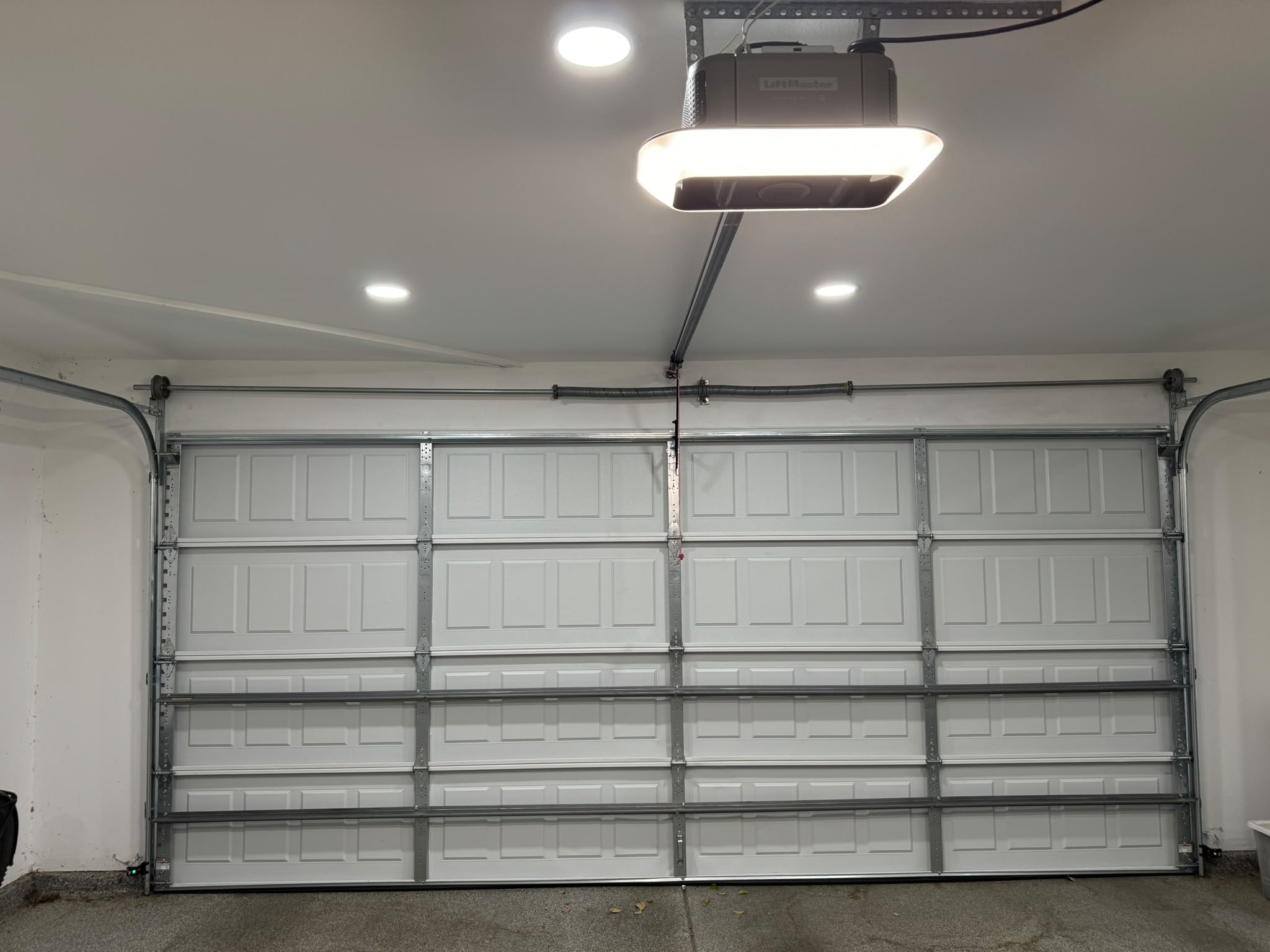LiftMaster residential garage door opener installed above a white sectional door
