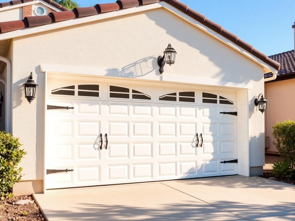 White carriage-house garage door with black hardware in Fresno