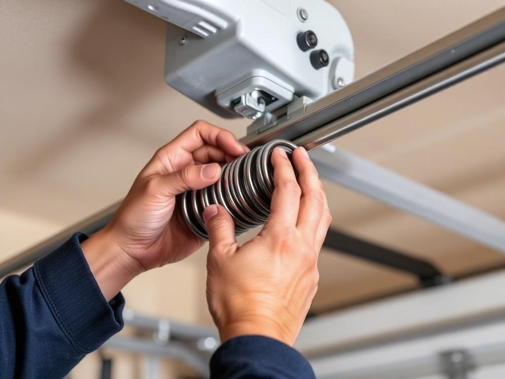 Technician replacing a garage door torsion spring