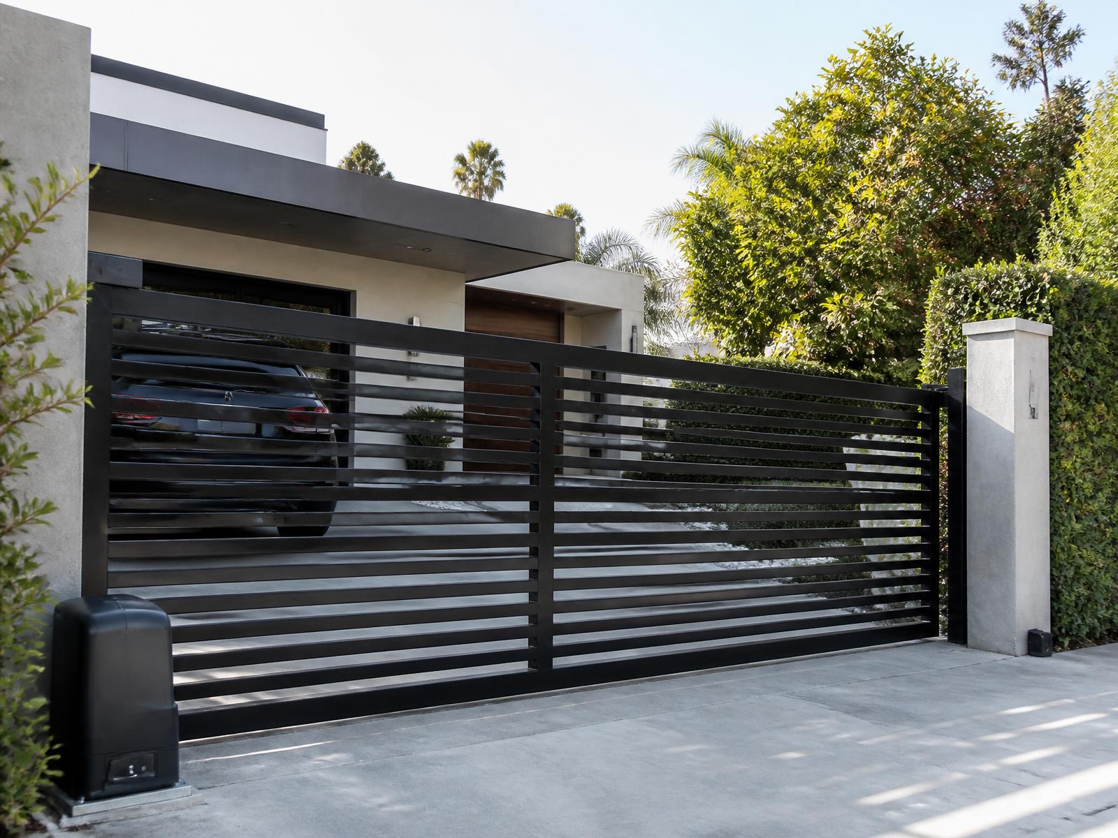 Automatic sliding driveway gate with a gate operator at a modern California home